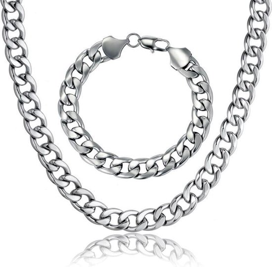 Ketting + Armband Set - Cuban Link - Zilver kleurig - 5mm - Kettingen Armbanden Sieraden Set Heren - Cadeau voor Man - Mannen Cadeautjes
