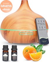 Houtkleurige Aroma Diffuser - Inclusief 2x Etherische Olie Sweet Orange & Eucalyptus  - Luchtbevochtiger – Verdamper - Aromatherapie