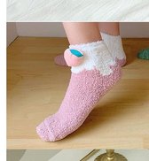 Warme Sokken dames - huissokken - fluffy sokken - roze / zalm - print konijn - met oren - 36-40