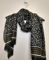 Lange dames sjaal Katy bladerenmotief zwart bruin grijs wit turquoise