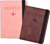 Luxe Paspoorthouder Suède / Leer - Set van 2 - Coffee Bruin en Roze - Protector - Beschermhoes - Portemonnee - Pashouder
