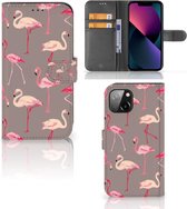 Hoesje met naam Geschikt voor iPhone 13 Wallet Book Case Flamingo