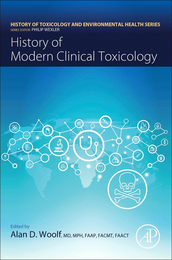 Geschiedenis van Moderne Klinische Toxicologie, met een wereldkaart en medische iconen op een blauwe achtergrond.