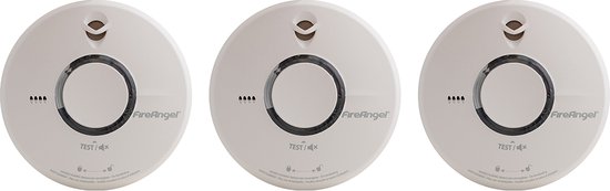 Drie witte FireAngel rookmelders met zwarte ring en testknop.