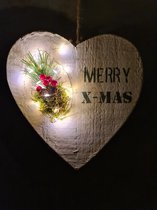 Houten hart | met led verlichting / Sfeer / Winter | Kerst / Wandbord / Merry X- Mas/ Wit / Hout  / Christmas / Kerstversiering / Hulst / Dennentak / Cadeau / Sfeer / Deco