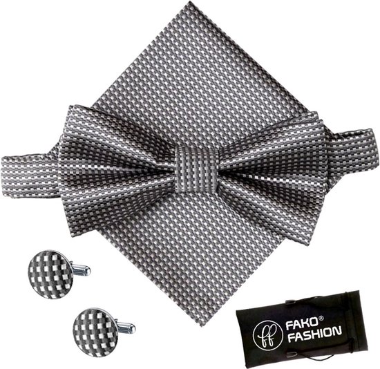 Fako Fashion® - Noeud papillon, pochette de costume et bloc de boutons de Boutons de manchette - Noeud papillon - Noeud papillon - Pochette de costume - Carreaux - Gris foncé