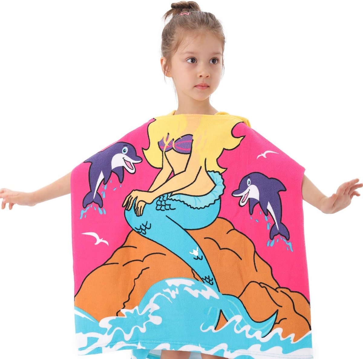 JAXY Badcape Baby - Badcape - Baby Badjas - Omslagdoek - Omslagdoek - Baby Handdoek Met Capuchon - Strandhanddoek - Badponcho - Poncho Handdoek - Microfiber - 60x90cm - Zeemeermin Op Rots