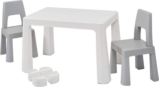Kindertafel en stoeltjes - Wit en Grijs - Verstelbare speeltafel met 2 stoeltjes - Tekentafel voor kinderen - Knutseltafel met opbergruimte - Kindermeubels