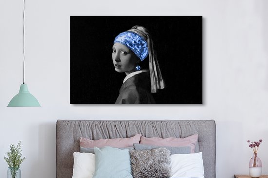 Tableau sur toile Fille à la boucle d'oreille en perle - Vermeer - Blauw - 150x100 cm - Décoration murale
