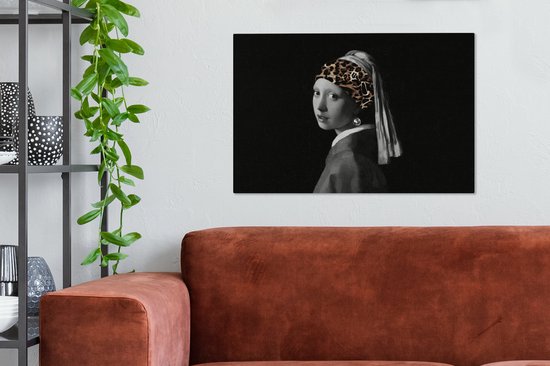 Peinture sur toile Fille à la boucle d'oreille en perle - Serre-tête - Imprimé panthère - 90x60 cm - Décoration murale