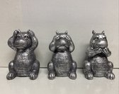 Zilveren Nijlpaarden " horen, zien & zwijgen" beeldjes - zilver - set van 3 - 13 cm hoog - polyresin - decoratief