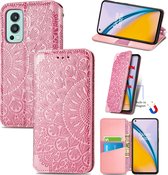 Luxe PU Lederen Blooming Mandala Reliëfpatroon Wallet Case + PMMA Screenprotector voor OnePlus Nord 2 _ Roze