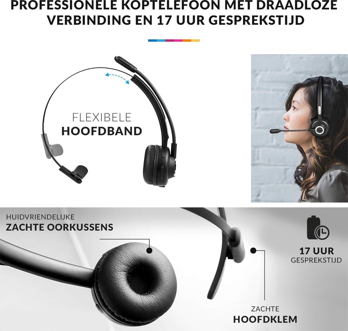 Professionele Draadloze Headset van Versteeg - Draadloze Headset Met Microfoon - Noise Cancelling - Bluetooth Headset - Koptelefoon - Handsfree - Met Laadstation - Bluetooth 5.0 - Work Heaset