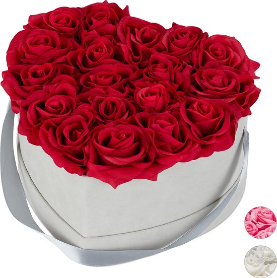 Relaxdays flowerbox - rozenbox - rozen in doos - bloemendoos - kunstbloemen - hart - grijs - rood