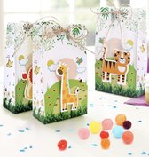 Uitdeelzakjes kinderfeestje thema dieren 24 Stuks 8x14cm - uitdeelzakjes traktatie - uitdeeltasjes jungle thema - Uitdeeldoosjes papier - tijger olifant leeuw giraf aap nijlpaard –