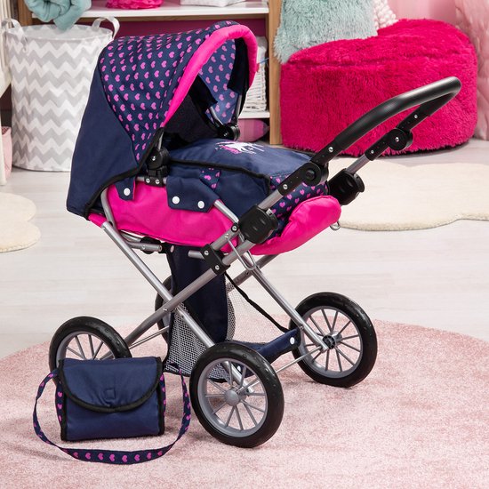 Bayer Design 12266AB Smarty poppenwagen, met tas, poppenaccessoires, fopspeen en bestek met bord, grijs, roze, stippen
