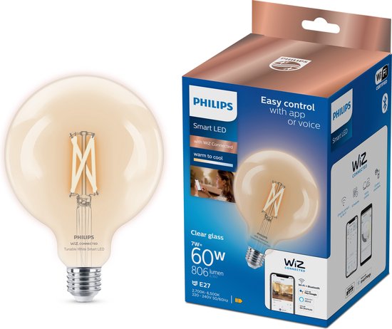 Philips Globe filament transparent 7 W (éq. 60 W) G125 E27, Ampoule intelligente, Transparent, LED, E27, Blanc, 2700 K