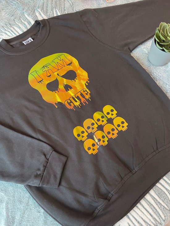 Cute Vibes, I am cute skulls - Sweater - Volwassenen M - Donker grijs / holografisch - Trui