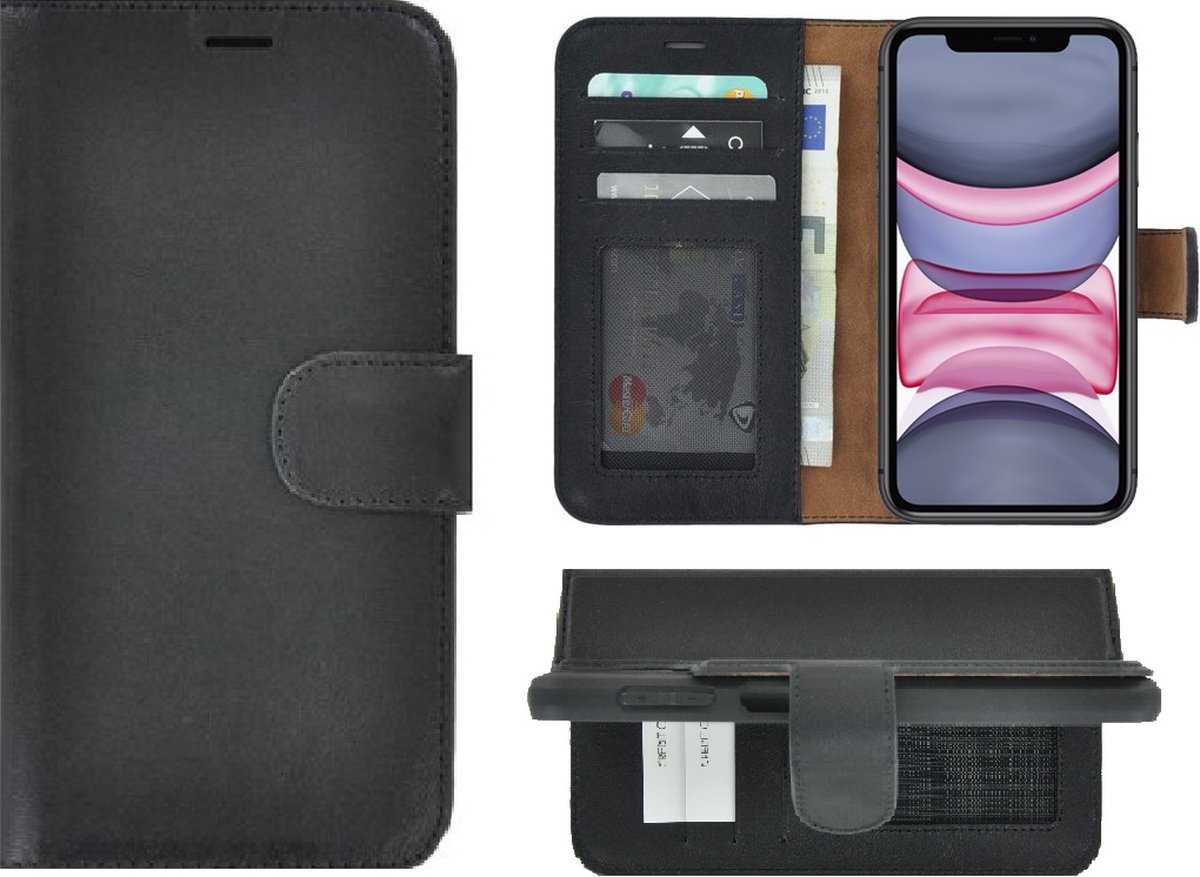 Hoesje Geschikt voor iPhone 11 - Bookcase - Portemonnee Hoes Echt leer Wallet case Zwart