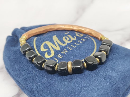 Cubes d' Onyx tibétain de Mei's | bracelet tibétain dames | Pierre précieuse / Onyx noir / Koper | tour de poignet 18 cm / noir / or rose