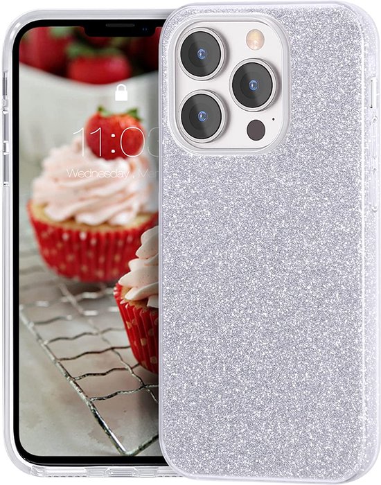 HB Hoesje Geschikt voor Apple iPhone 13 Pro Zilver - Glitter Back Cover