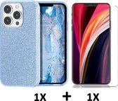 Apple iPhone 13 Pro Case Blauw & Verres Screen Protector - Glitter Back Cover