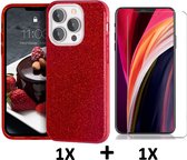 HB Hoesje Geschikt voor Apple iPhone 13 Pro Rood & Glazen Screenprotector - Glitter Back Cover