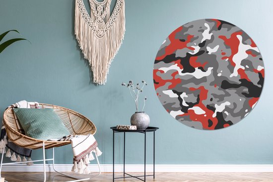 Motif camouflage avec des accents rouges Cercle mural aluminium ⌀ 120 cm - impression photo sur cercle mural / cercle vivant / cercle de jardin (décoration murale)