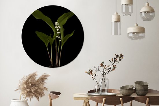 WallCircle - Stickers muraux - Cercle de papier peint - Muguet avec feuilles sur fond noir - ⌀ 140 cm - Cercle mural - Autocollant - Sticker papier peint rond