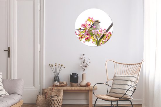 WallCircle - Stickers muraux - Cercle de Papier Peint - Vogel parmi les Fleurs Roses - 80x80 cm - Cercle Mural - Auto Adhésif - Autocollant Rond de Papier Peint