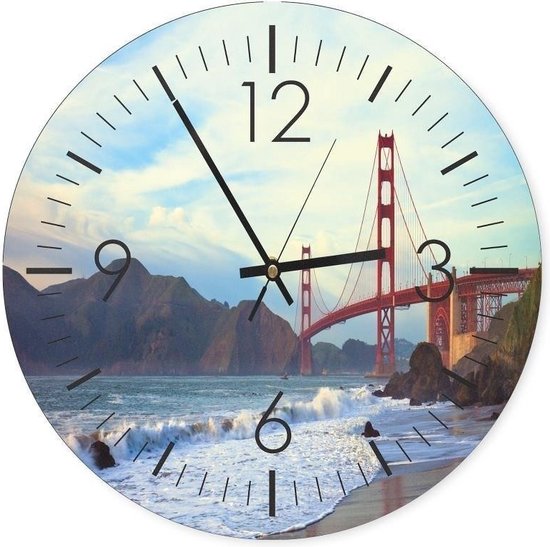 Trend24 - Wandklok - Golden Gate Bridge - Muurklok - Steden - 40x40x2 cm - Blauw