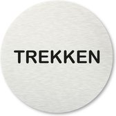 Pictogram Trekken - aluminum rvs look - deurbordje - 8,5 x 8,5 cm - zelfklevend - rond