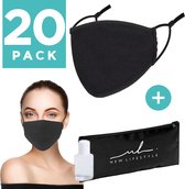 New Lifestyle Set van 20x Mondmasker Zwart + 5x Reisetui en 5x Handgel - Mondmasker - 100% Katoen - Herbruikbaar - Zwarte Mondkapjes - Mondkapje wasbaar - Verstelbaar - Zwarte Mond