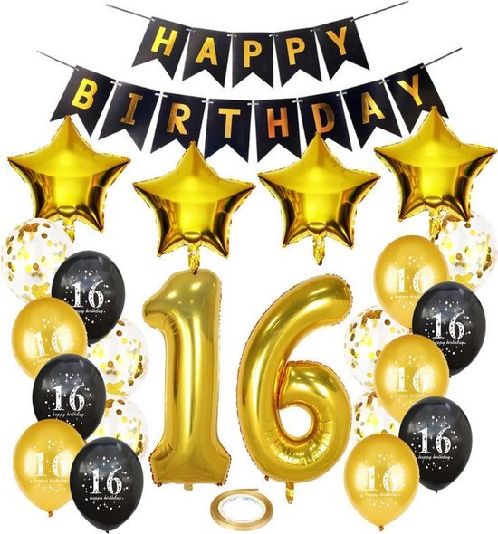 Joya Party® 16 jaar verjaardag feest pakket | Versiering Ballonnen voor feest 16 jaar | Sweet Sixteen Versiering | Ballonnen slingers opblaasbare cijfers 16