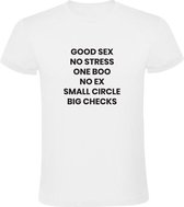Good Sex | Heren T-shirt | Wit | No Stress | One Boo | No Ex | Small Circle | Big Checks