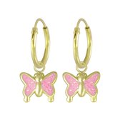 Joy|S - Zilveren vlinder bedel oorbellen - glitter roze - oorringen - 14k goudplating