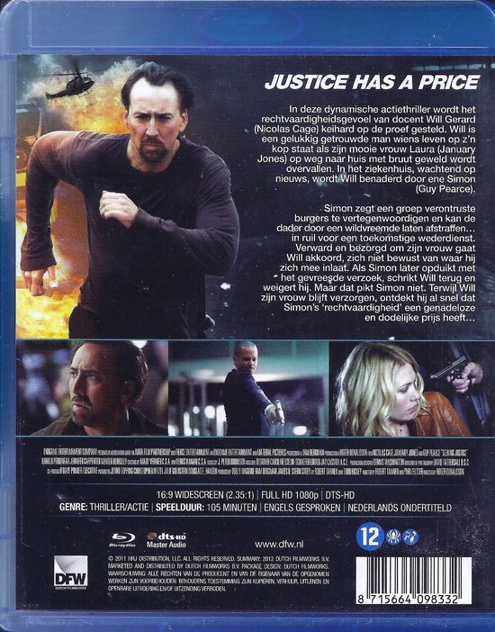 Achterkant van de Blu-ray hoes van 'Seeking Justice' met Nicolas Cage op de voorkant en een beschrijving van de film.