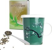 geschenken set, bestaande uit 250 gram losse groene thee theebeker theekop groene magnolia 300 ml plus stalen maatlepel.