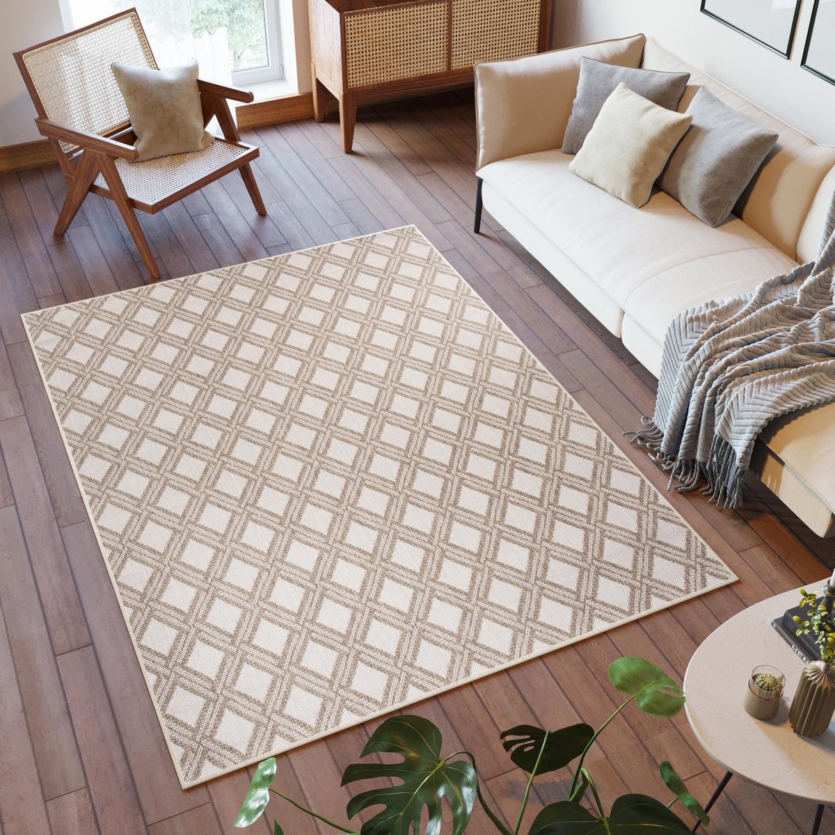 Tapiso Capri Vloerkleed Indoor Outdoor Binnen Woonkamer Tuintapijt Maat- 80x150 Beige