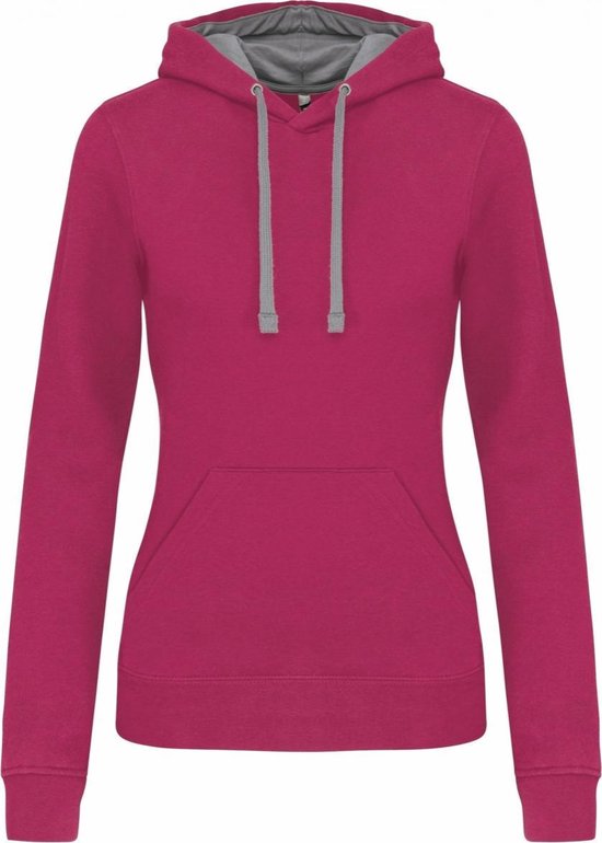 Dames sweater met capuchon /Hoodie in contrasterende kleur K465, Roze/Grijs, maat XS