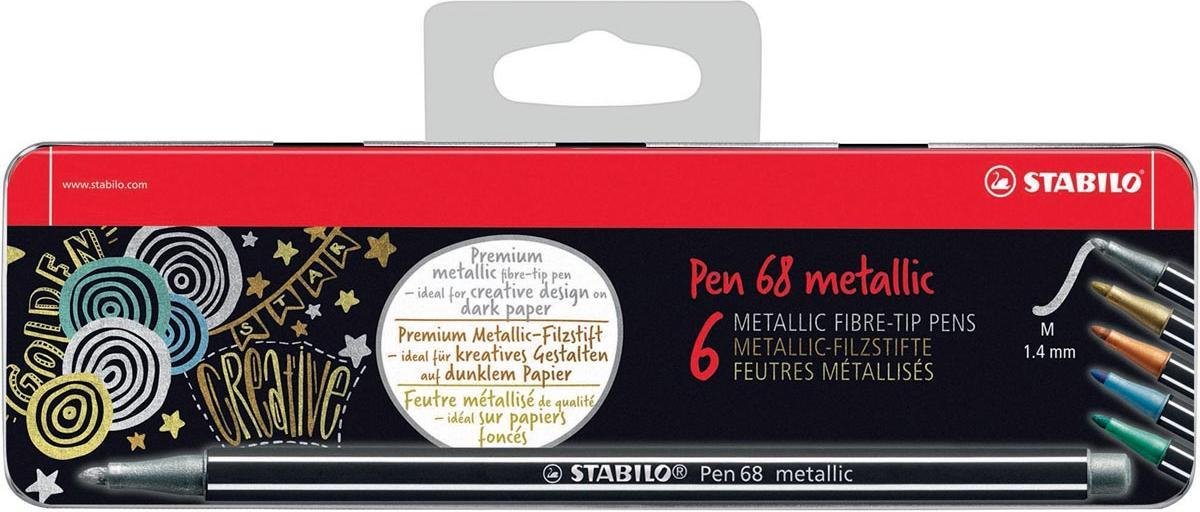 STABILO Pen 68 metallic viltstift, 6 kleuren, metalen doos van 6 stuks