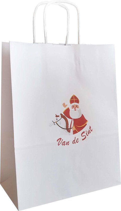 5 Sinterklaas Cadeau tasjes - Papier - Wit/Rood - Van de Sint - 21x8x18cm  (A5) -... | bol