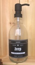 Zeepdispenser | Zeeppompje | Zeep | transparant glas | 500ml | Vintage label | Mat zwart metaal pomp | Glas