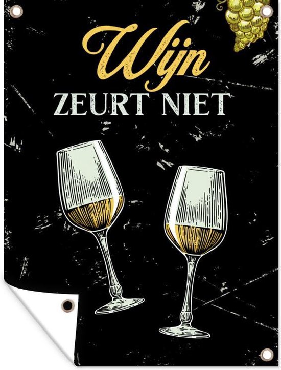 Tuinschilderij Wijn - Wijnglazen - Zwart - 60x80 cm - Tuinposter - Cadeau voor vrouw - Tuindoek - Buitenposter
