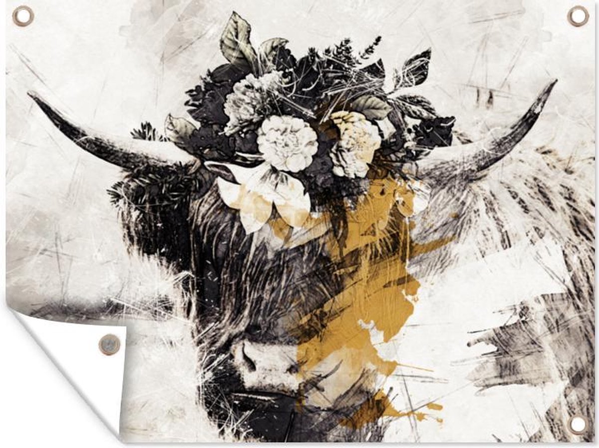Muurdecoratie buiten Schotse hooglander - Verf - Black and gold - 160x120 cm - Tuindoek