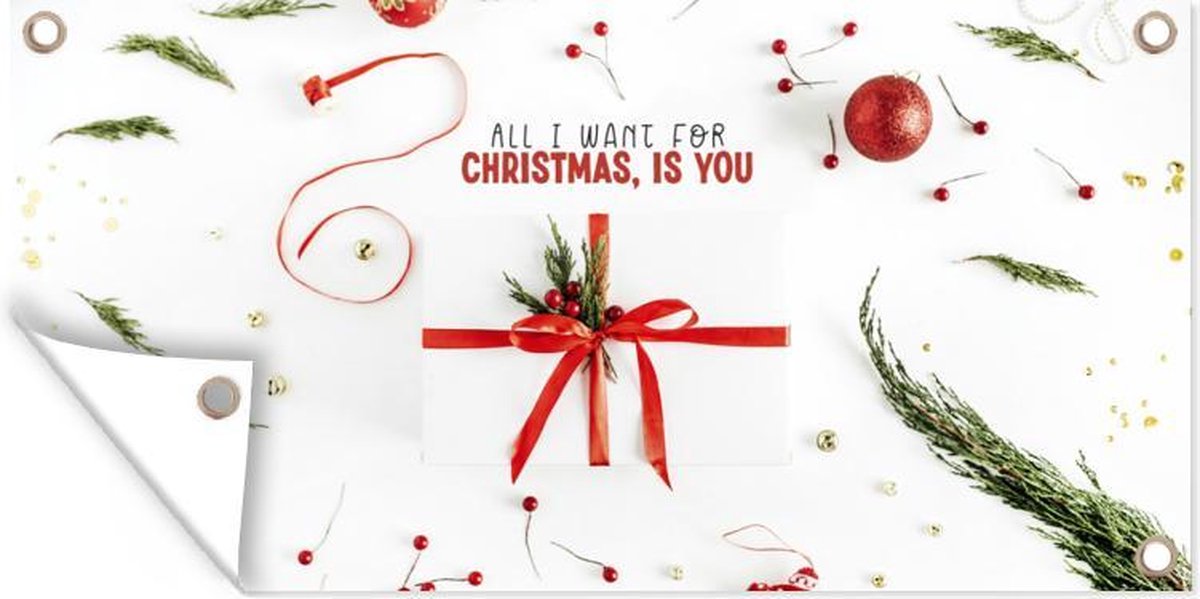 Schuttingposter Winter met rode Kerstquote op 200x100 cm Tuindoek van GreatGardenPosters.