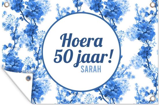 Muurdecoratie Verjaardag - 50 Jaar - Sarah - 180x120 cm - Tuinposter - Tuindoek - Buitenposter - Verjaardag versiering - Spandoek