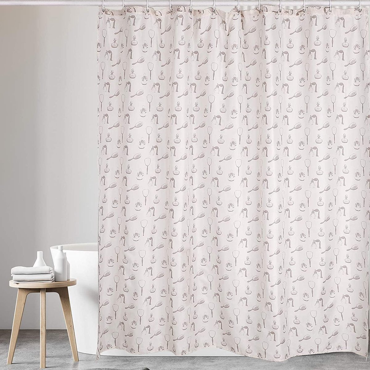 KAV – Douchegordijn – Polyester – 180 x 180 cm - Creme - Spiegels en Borstels