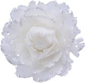 1x stuks decoratie bloemen wit met veertjes op clip 11 cm - Decoratiebloemen/kerstboomversiering/kerstversiering