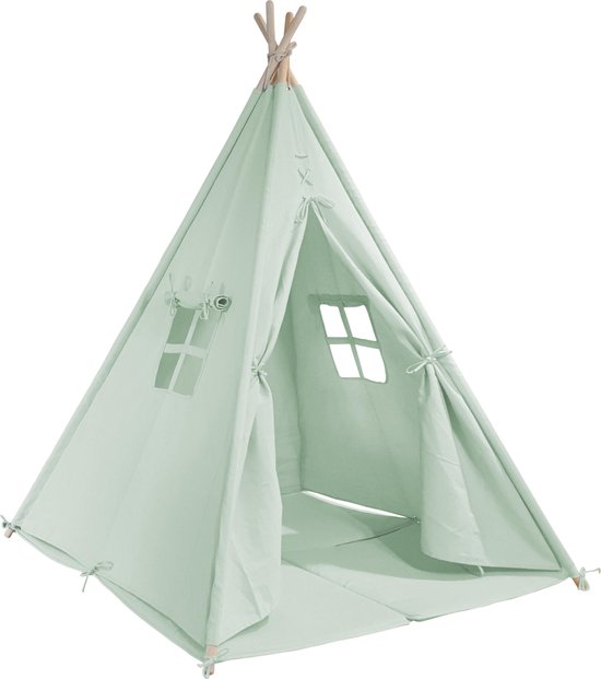 Sunny Alba Tipi Tent Pastel Groen - Wigwam Speeltent met ramen - 120x120x160cm - met Kussen kleed